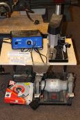 Minicraft bench drill, circular saw, transformer and bench grinder.