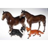 Four Beswick figurines including Collie Dog, Red Fox and Horses.