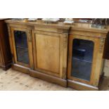 Victorian walnut, satinwood inlaid and ormolu mounted three door breakfront credenza, 101cm by 176.