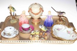 Three Royal Crown Derby birds and ornate dish, two Royal Doulton figures,