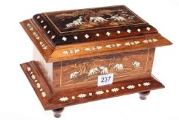 Ivory and marquetry inlaid box decorated with elephants (containing bobbins).