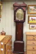 Antique oak longcase clock having arched brass dial, signed Sam Robson, North Shields.