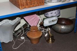 Desk lamp, table lamps, Salters brass balance scale, metal bowl, etc.