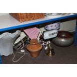 Desk lamp, table lamps, Salters brass balance scale, metal bowl, etc.