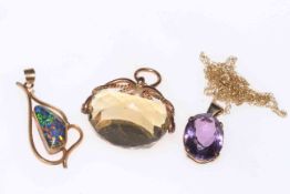 Two gold amethyst and opal pendants and gold mounted citrine swivel fob (3).