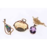 Two gold amethyst and opal pendants and gold mounted citrine swivel fob (3).