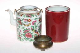 Chinese teapot, red glazed brush pot and small bronze censor (3).