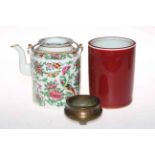 Chinese teapot, red glazed brush pot and small bronze censor (3).