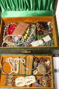 Jewellery box with costume, silver and other jewellery including pair antique gilt buckles.