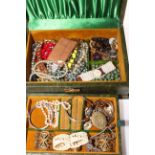 Jewellery box with costume, silver and other jewellery including pair antique gilt buckles.