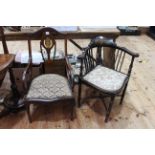 Edwardian inlaid corner chair and Edwardian inlaid scroll armchair (2).