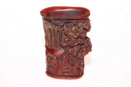 Chinese relief moulded brush pot, 10cm.