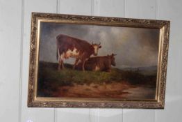 After T.S. Cooper, oil on canvas of Cows at Waters Edge, 30cm by 50cm, modern frame.