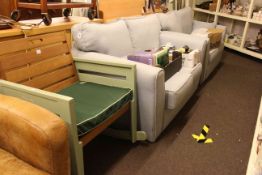 Pair of two seater settees in light blue fabric and green painted and teak rocking chair (3).