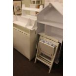 Two white shelf units, two wall shelves, storage table and two folding chairs (7).