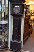 Antique carved oak longcase clock having circular dial, signed Stephen Simpson, Greta Bridge.
