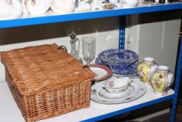 Wicker picnic hamper, glass decanter and celery vase, Spode Italian china and other china.