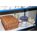 Wicker picnic hamper, glass decanter and celery vase, Spode Italian china and other china.