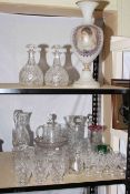 Victorian frosted glass portrait vase, pair and other glass decanters, glass jugs, bowls, vase,