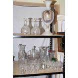 Victorian frosted glass portrait vase, pair and other glass decanters, glass jugs, bowls, vase,