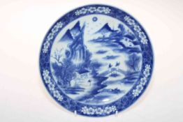 Antique Chinese blue and white saucer dish with figures on a bridge, six character mark, 22.
