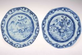 Pair of late 18th Century Chinese blue and white plates decorated with mountainous landscapes, 22.