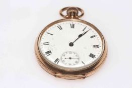 9 carat gold gents keyless pocket watch, hallmarked for Birmingham 1915.