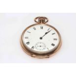 9 carat gold gents keyless pocket watch, hallmarked for Birmingham 1915.