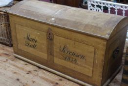 Antique pine dome top marriage chest, 77cm by 142cm.