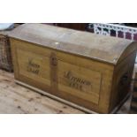 Antique pine dome top marriage chest, 77cm by 142cm.