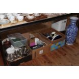 Collection of metal wares, glass, ceramics, stamps, enamel bin, radio, large vase, etc.
