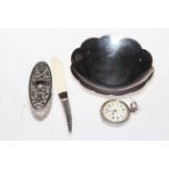 Late Victorian silver handled letter knife, silver fob watch, EP pin tray and toilet jar (4).
