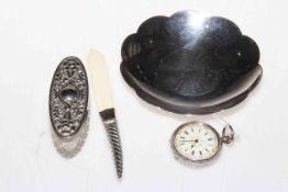 Late Victorian silver handled letter knife, silver fob watch, EP pin tray and toilet jar (4).