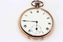 9 carat gold gents keyless pocket watch, hallmarked for Birmingham 1918.