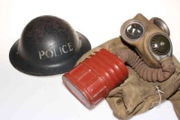 Vintage Police helmet and gas mark in canvas bag (2).