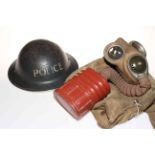 Vintage Police helmet and gas mark in canvas bag (2).