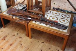 Pair tiled top teak coffee tables, 37cm by 72cm.