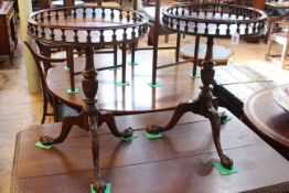 Pair mahogany circular galleried top tripod wine tables, 64cm by 46cm diameter.