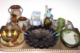 Tray lot with Carnival glass vine dish, Orchard Gold cup and saucer, vases, etc.