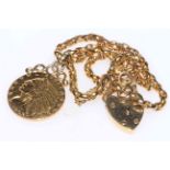 Gold 1909 five dollar coin, mounted and with 9 carat gold double chain bracelet with locket.