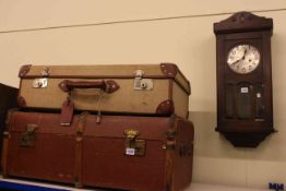 Early 20th Century oak wall clock, vintage trunk and suitcase (3).