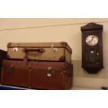 Early 20th Century oak wall clock, vintage trunk and suitcase (3).