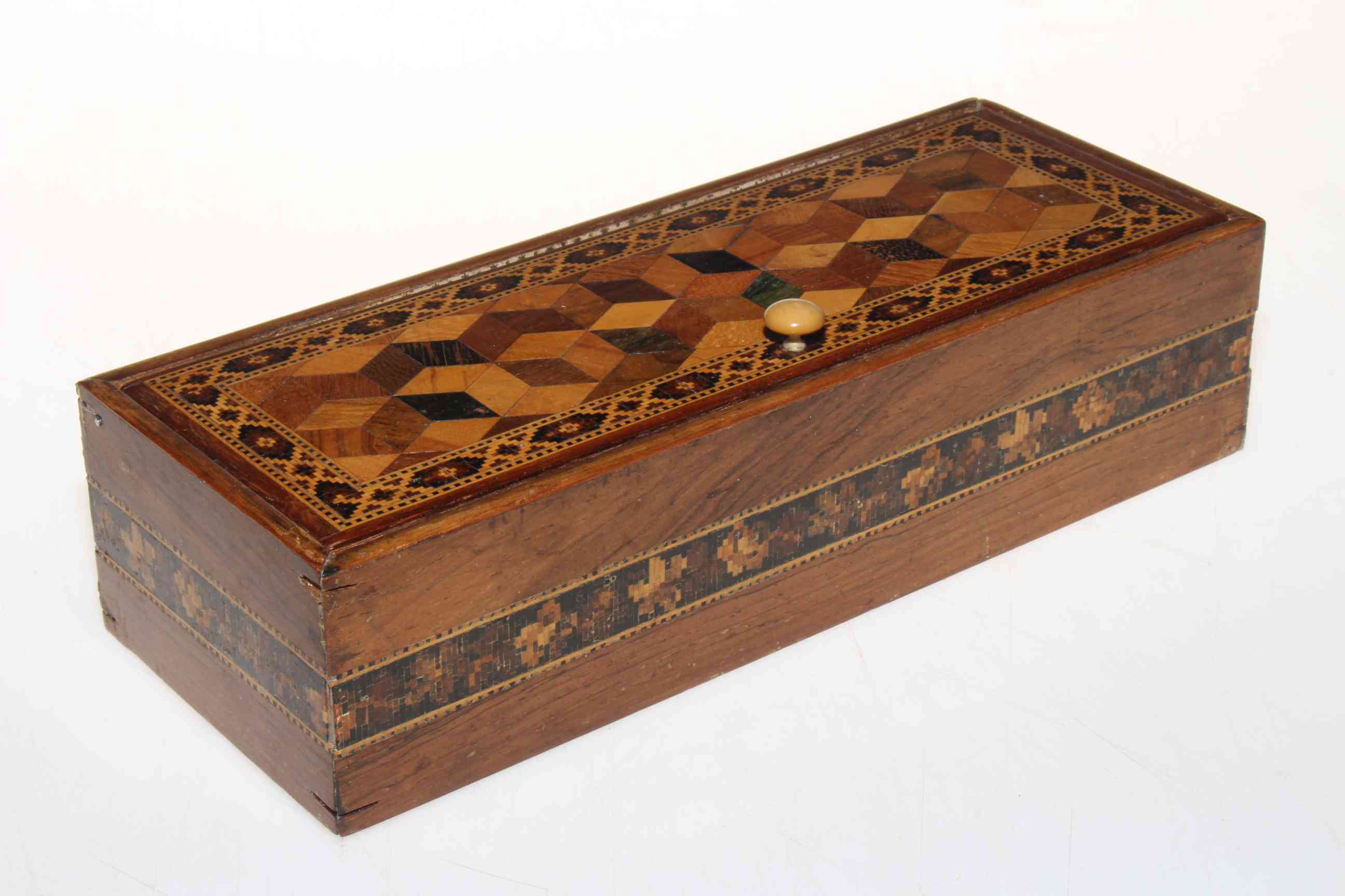 19th Century Tunbridge ware box, 23cm across.