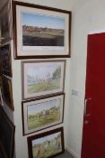 Four framed golfing prints.