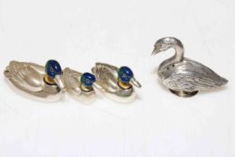 Small French silver swan pepper pot and three graduated silver and enamel ducks with import mark