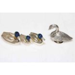 Small French silver swan pepper pot and three graduated silver and enamel ducks with import mark