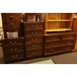 Set of three mahogany finish chests comprising three drawer pedestal chest,