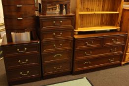 Set of three mahogany finish chests comprising three drawer pedestal chest,