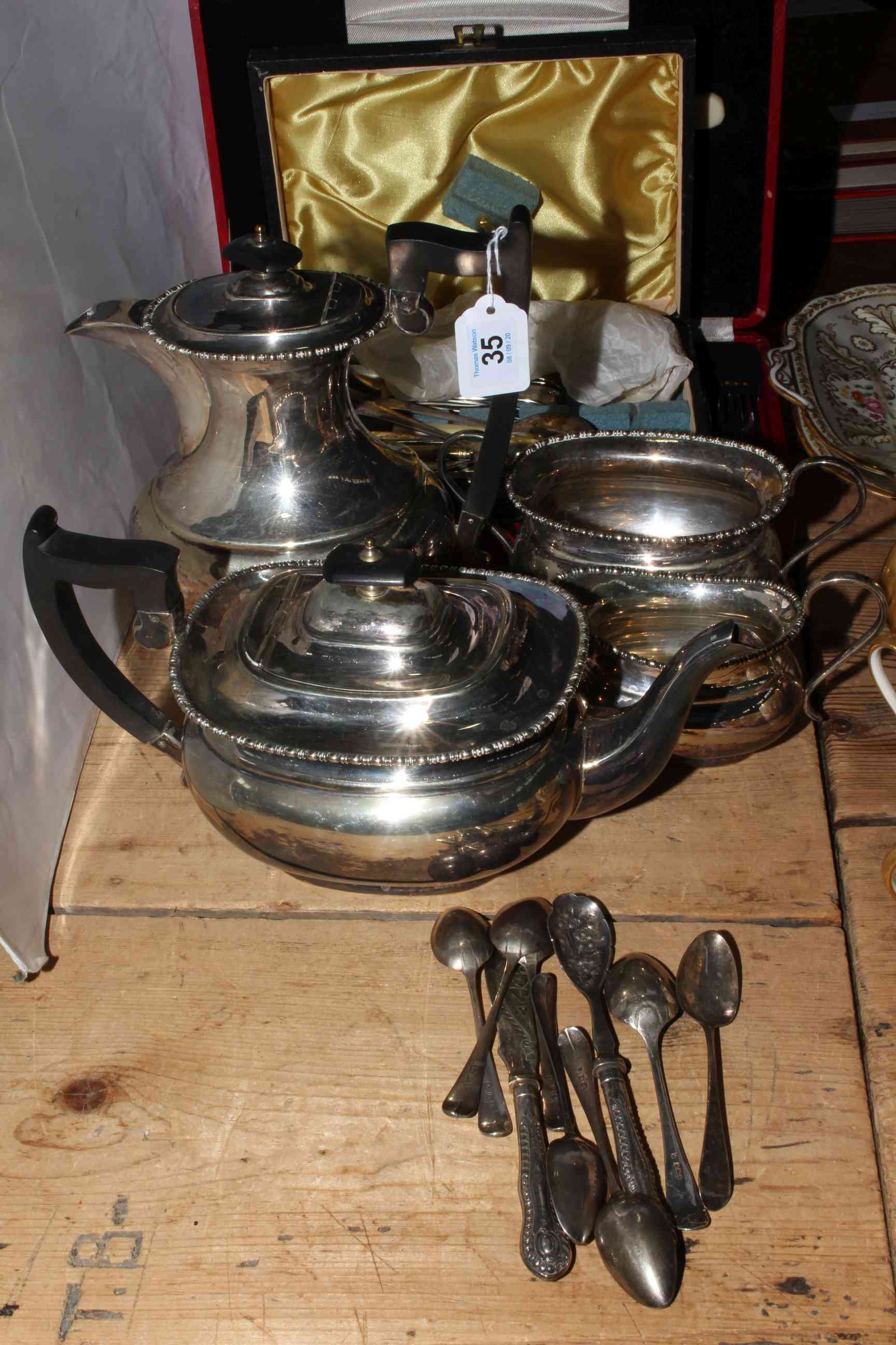 Silver plated teapots, jug, two-handled bowl and cased cutlery, together with loose silver cutlery.