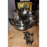 Silver plated teapots, jug, two-handled bowl and cased cutlery, together with loose silver cutlery.